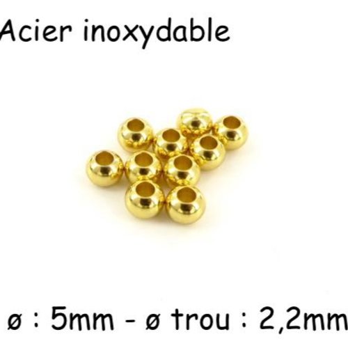 10 perles ronde doré 5mm en acier inoxydable, trou de 2,2mm