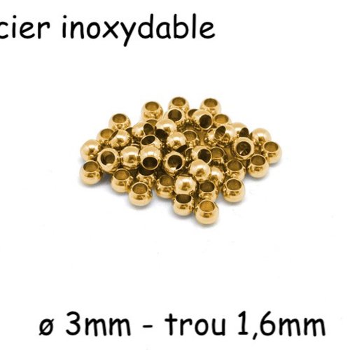 20 perles ronde 3mm doré en acier inoxydable pour cordon de 1,5mm