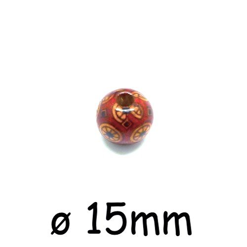 20 perles rondes en bois motif rosace géométrique 15mm rouge, marron beige