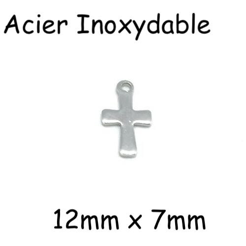 10 breloques croix argenté en acier inoxydable 12mm x 7mm