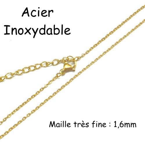 Collier chaîne très fine maille forçat doré en acier inox doré avec fermoir - 42cm - chainette de rallonge