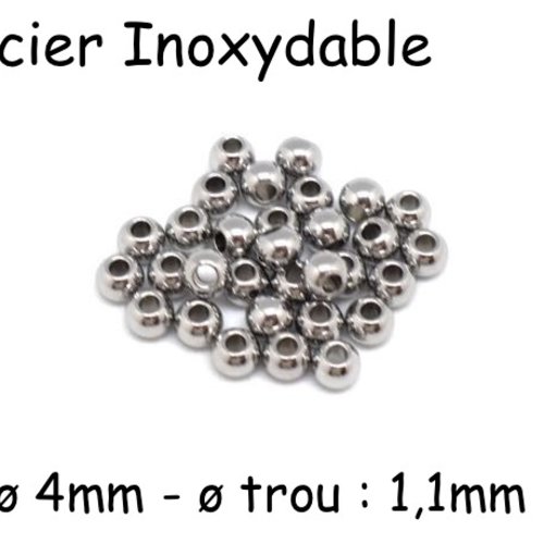 20 perles ronde 4mm argenté en acier inoxydable pour cordon de 1mm