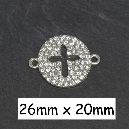 Perle connecteur croix en métal argenté et strass brillant incolore