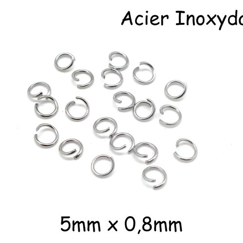 200 anneaux de jonction argenté en acier inoxydable 5mm x 0,8mm