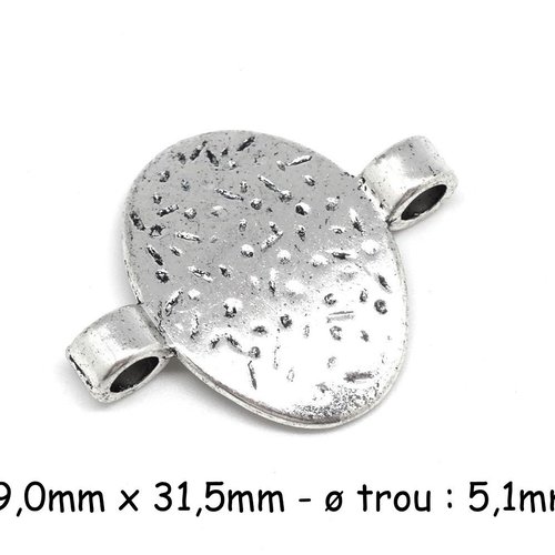 2 perles connecteurs ovale incurvé martelé en métal argenté pour cordon cuir de 5mm