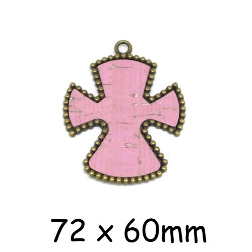 Grand pendentif croix bronze et rose en métal avec liège