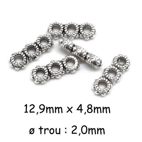 30 perles intercalaire 3 trous en métal argenté, séparateur style ethnique