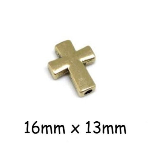 10 perles croix doré pâle en métal lisse pour cordon cuir 2mm