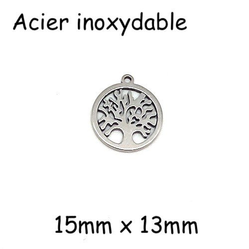 4 mini pendentifs arbre de vie en acier inoxydable argenté - 13mm x 15mm - sequin arbre de vie