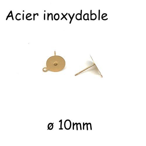 4 clous d'oreilles plateau puce de 10mm avec anneau en acier inoxydable doré