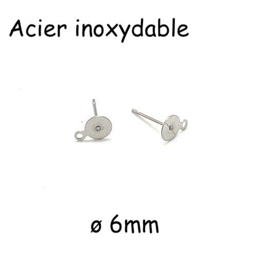 30 clous d'oreilles plateau puce de 6mm avec anneau en acier inoxydable argenté