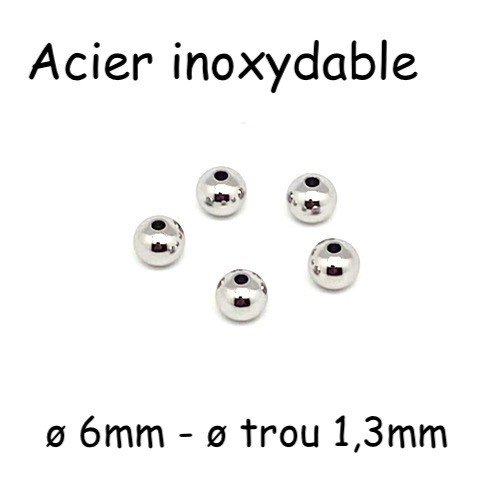 10 perles ronde 6mm en acier inoxydable argenté pour cordon de 1mm