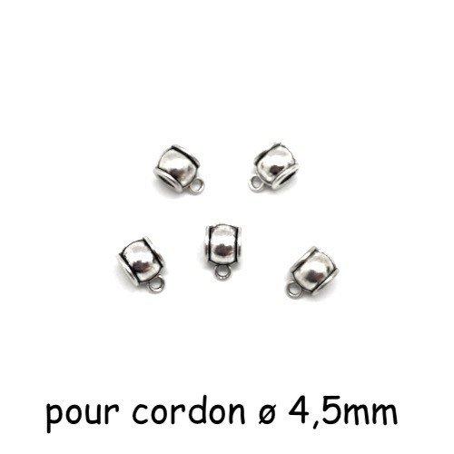 5 perles support breloque bélière en métal de couleur argenté pour cordon de 4,5mm