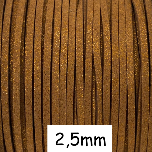 2m cordon plat daim synthétique de couleur marron cuivré pailleté 2,5mm