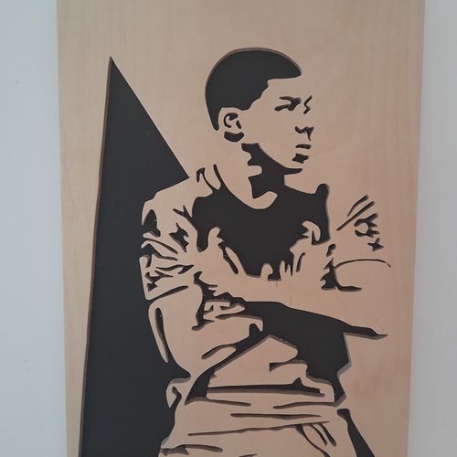 Mbappé kylian, tableau portrait footballeur en contreplaqué bouleau verni.