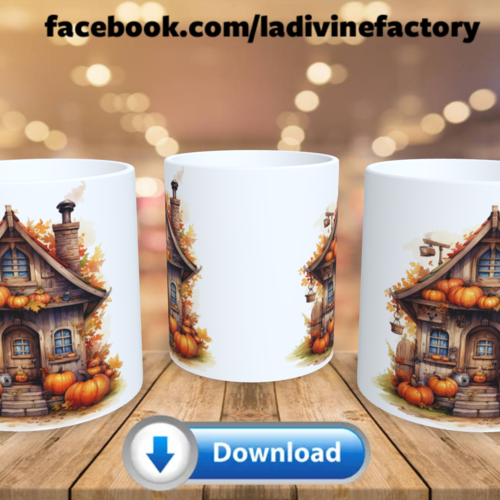 Visuel digital x 1 - pour sublimation mug - automne 004 citrouilles et maisons