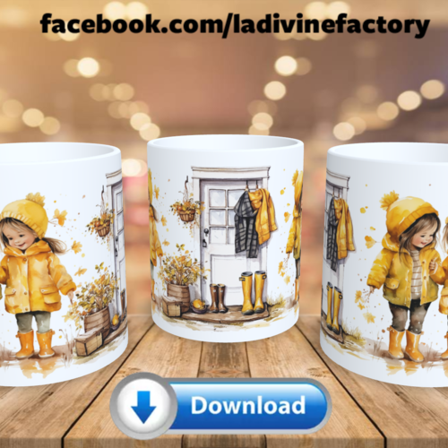 Visuel digital x 1 - pour sublimation mug - automne 014 pluie bottes jaunes petites filles