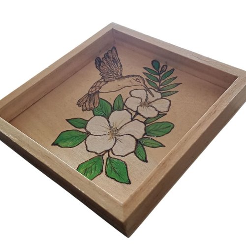 Petit tableau ou vide poche - oiseau et fleurs