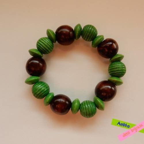 Bracelet élastique perles en bois - brun et vert 