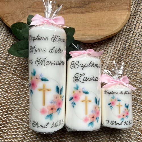 Bougie baptême personnalisée croix et couronne fleurs feuilles/ cadeau parrain marraine