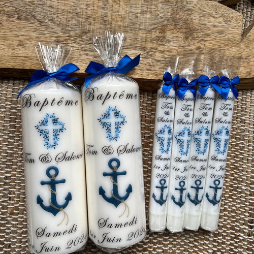 Bougie baptême personnalisée croix ancre marine
