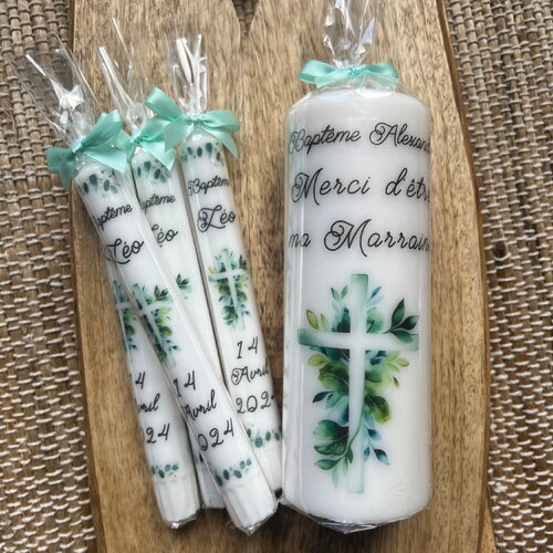 Bougie baptême personnalisée croix feuilles