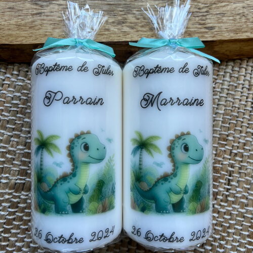 Bougie baptême personnalisée dinosaure / feuillage / personnalisable / cadeau parrain marraine / cadeau invité/ communion/ naissance