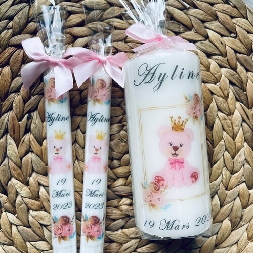 Bougie baptême naissance communion personnalisée ours rose couronne fleurs