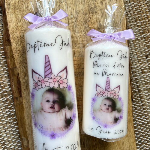 Bougie baptême personnalisée photo licorne