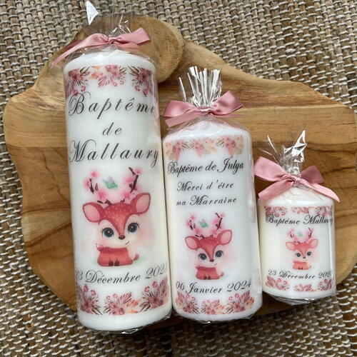 Bougie baptême personnalisée / personnalisable / cadeau parrain marraine / cadeau invité / faon biche fleurs