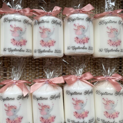 Bougie baptême naissance communion personnalisée éléphant fleurs
