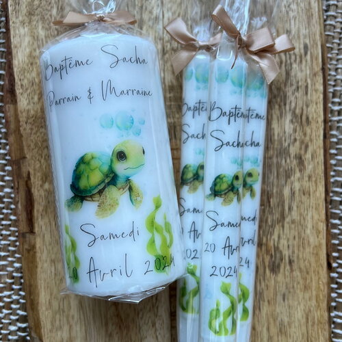 Bougie baptême, communion, naissance thème tortue, mer / cadeau parrain marraine
