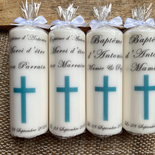 Bougie baptême personnalisée croix bleu