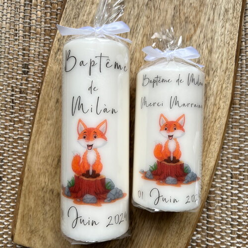 Bougie baptême personnalisée thème renard / cadeau parrain / marraine / cadeau invité