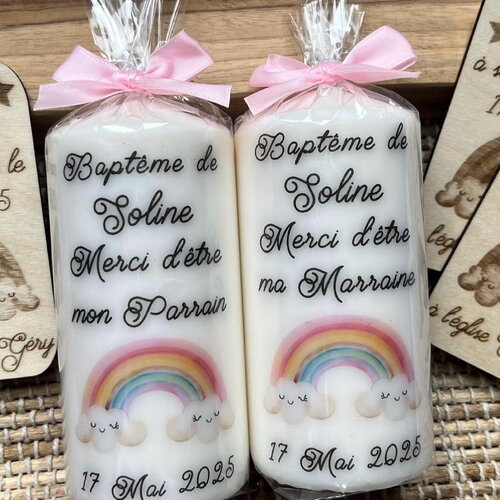 Bougie baptême naissance personnalisée arc en ciel/ cadeau marraine parrain / cadeau invité