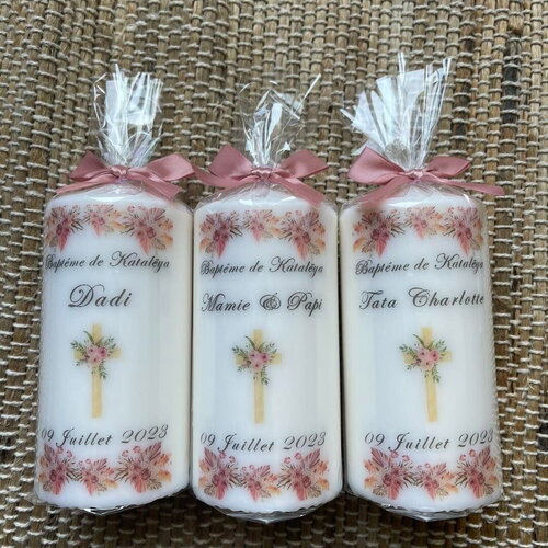 Bougie baptême communion profession de foi personnalisée croix fleurs / cadeau parrain marraine / cadeau invité