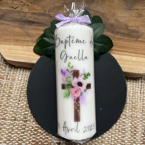 Bougie baptême, communion, naissance personnalisée croix fleur.