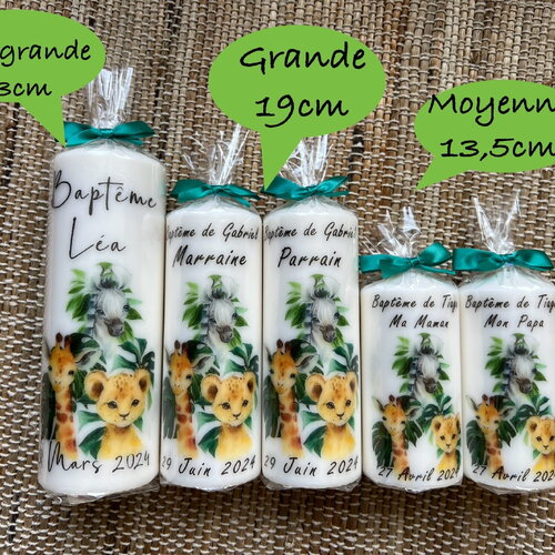 Bougie baptême naissance personnalisée jungle girafe zèbre lion / lionceau / cadeau marraine parrain / cadeau invité