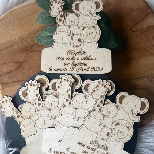 Faire-part animaux jungle baptême naissance anniversaire mariage en bois