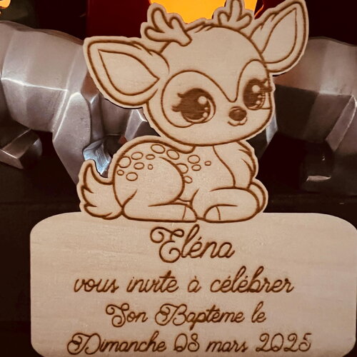 Faire-part biche/faon naissance baptême anniversaire mariage en bois gravé