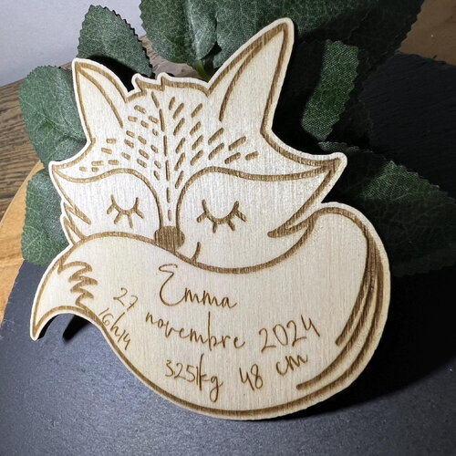 Faire-part renard naissance baptême anniversaire mariage en bois gravé, personnalisé.