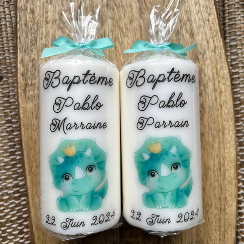 Bougie baptême personnalisée dinosaure / personnalisable / cadeau parrain marraine / cadeau invité / communion/ naissance