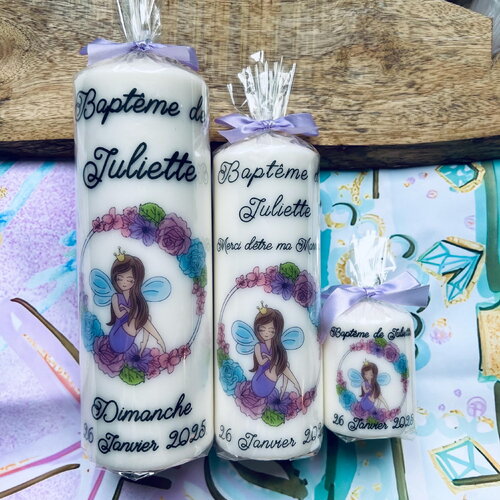 Bougie baptême, fée et fleurs, cadeaux marraine, baptême naissance
