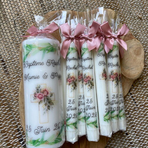 Bougie baptême, communion, naissance personnalisée croix fleur et feuillage olivier