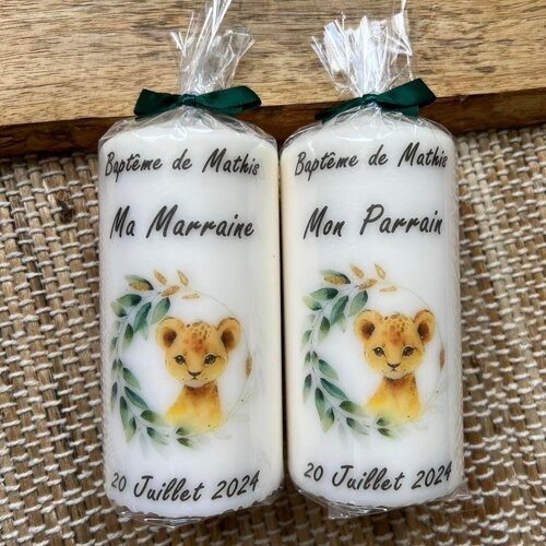 Bougie baptême, communion, naissance personnalisée couronne feuillage lionceau