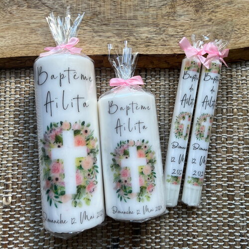 Bougie baptême personnalisée croix fleurs