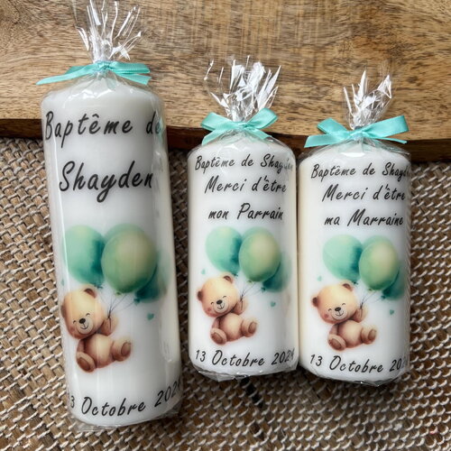 Bougie baptême personnalisée ours ballons