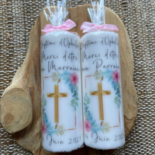 Bougie de baptême personnalisée croix dorée et fleurs