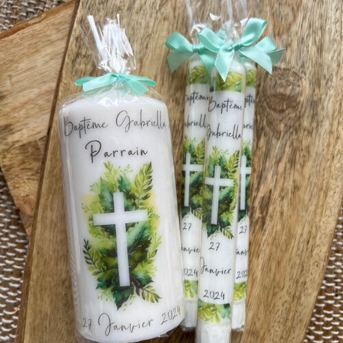 Bougie baptême personnalisée avec feuillage croix / cadeau marraine parrain / cadeau invité / personnalisable
