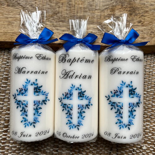 Bougie de baptême personnalisée croix bleu